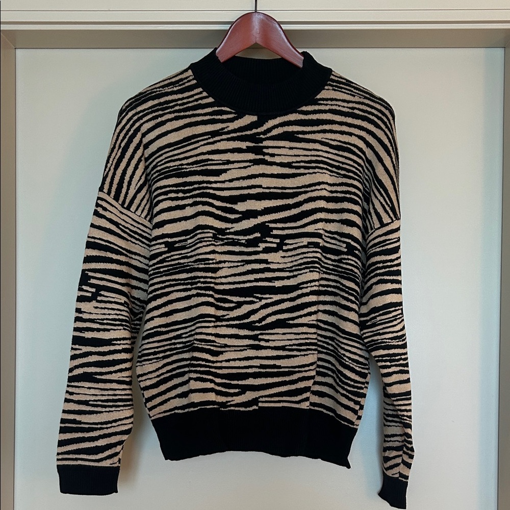 Wayf Zebra Print Crewneck Sweater - Black and Tan